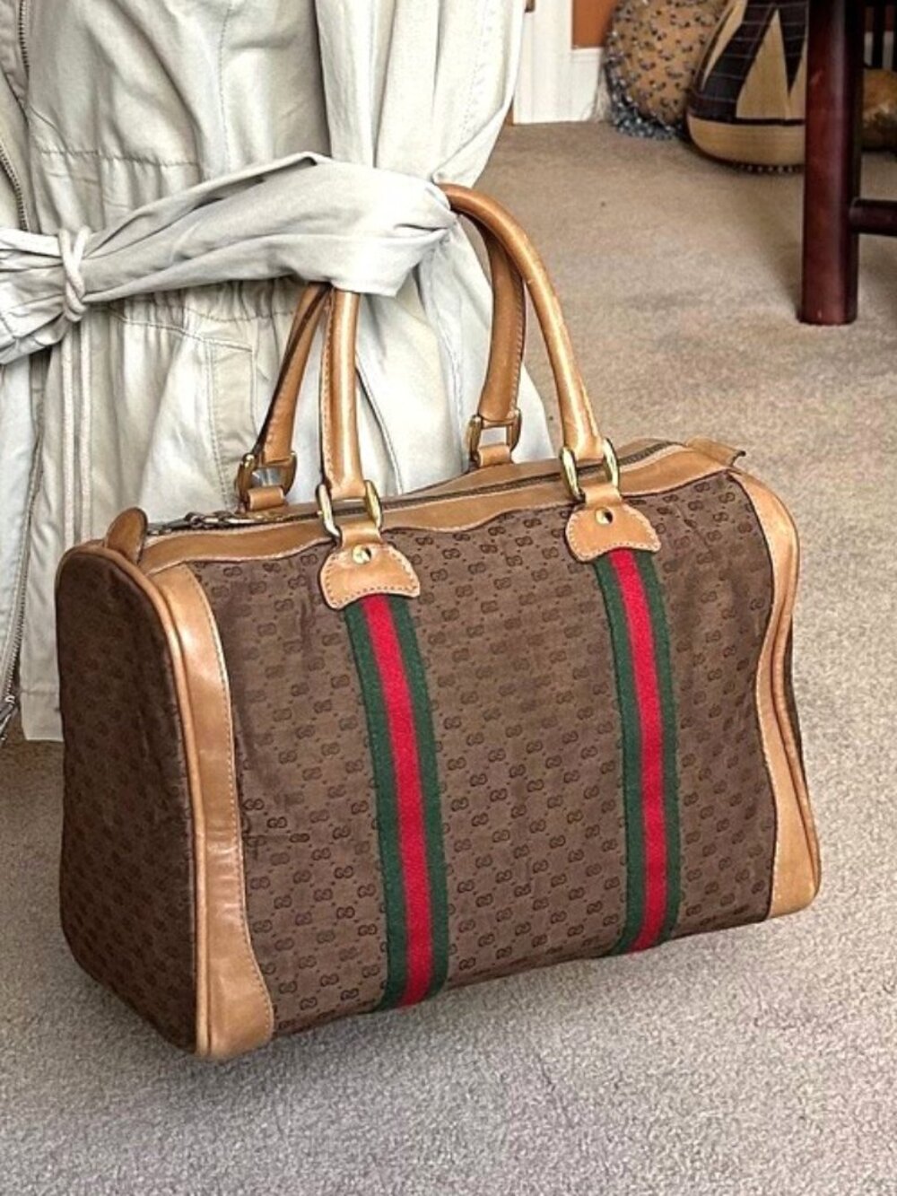 GUCCI Monogram Vintage Web Boston Bag Brown Tan Rare - Picture 6 of 15